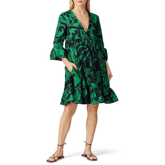 La DoubleJ Jane Dress Women’s XS Green Bell Sleeve Resortwear Vibrant Feminine - Picture 1 of 11
